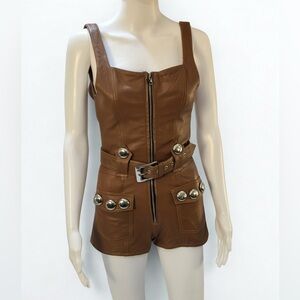 Brown Leather Belted Romper Jumpsuit